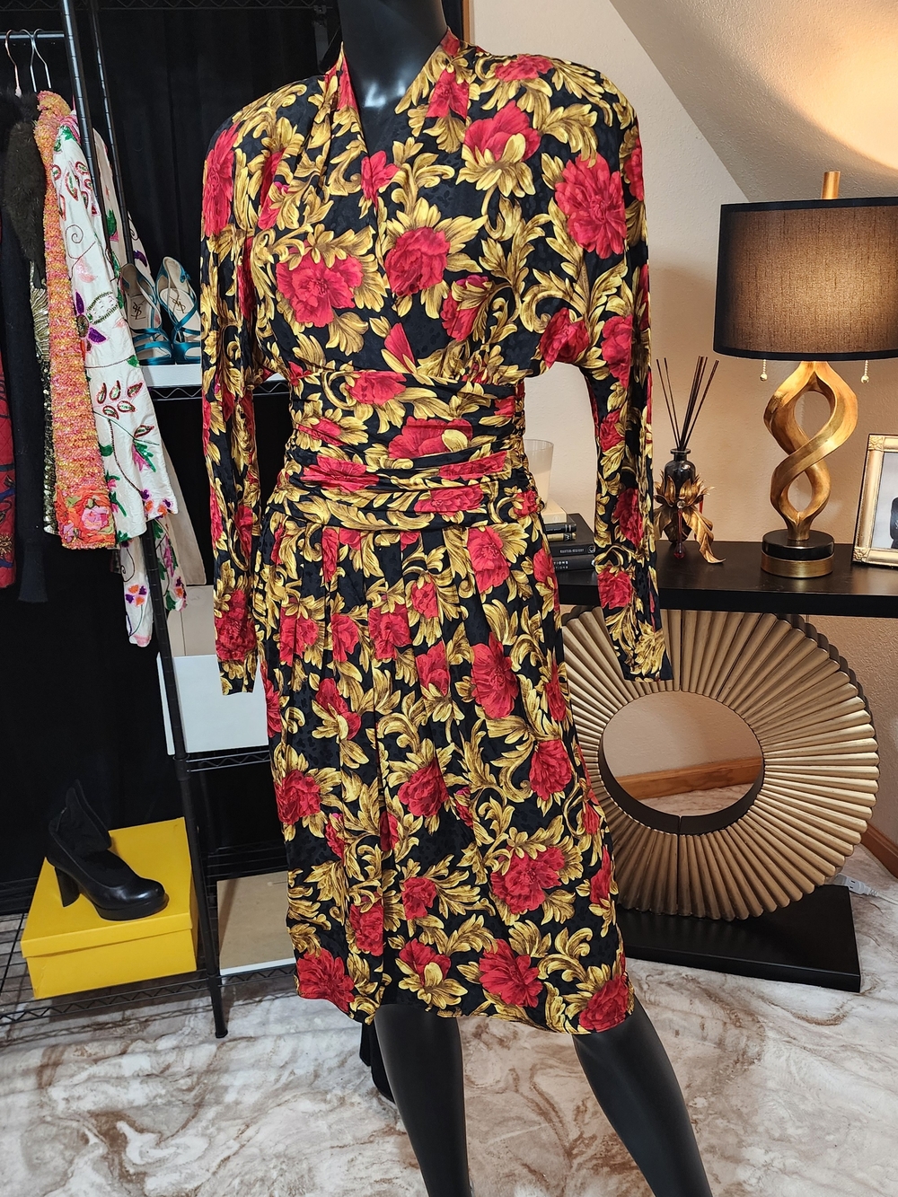 Vintage 80s MAGGY LONDON 100% Silk Baroque Floral Runway Dress Size 4 - Picture 3 of 8